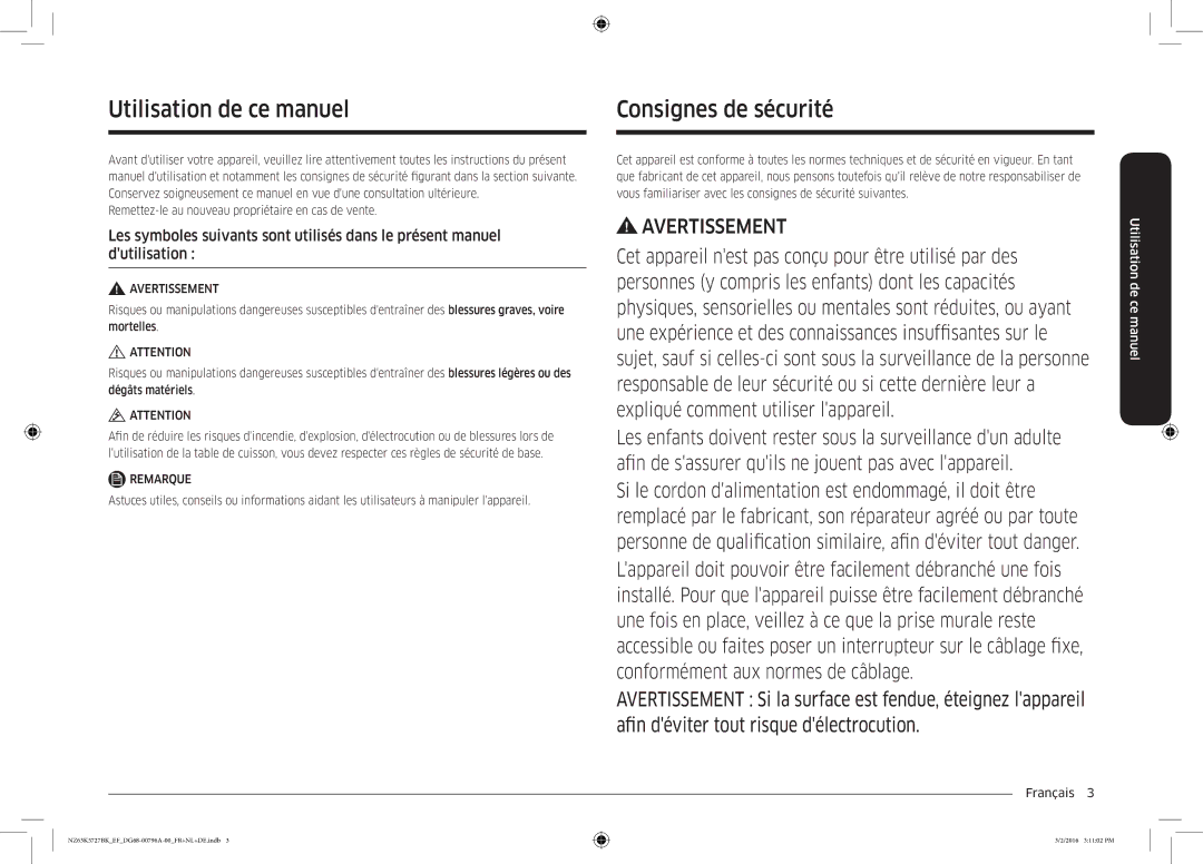 Samsung NZ63K5727BK/EF manual Utilisation de ce manuel, Consignes de sécurité, Français  